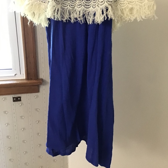 Cobalt Blue Off The Shoulder Dress Beige Fringe - Picture 5 of 5